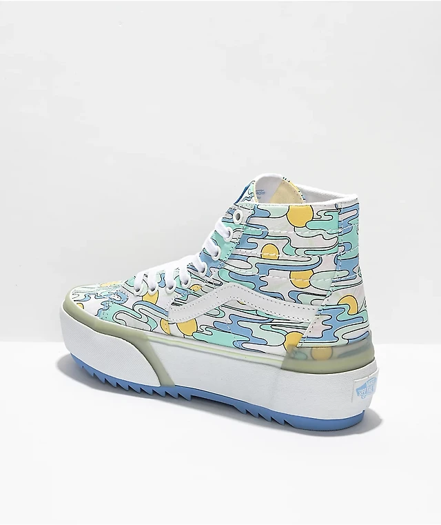 Vans Sk8-Hi Stacked Mint, Blue Yellow Sunwaves Platform Shoes at