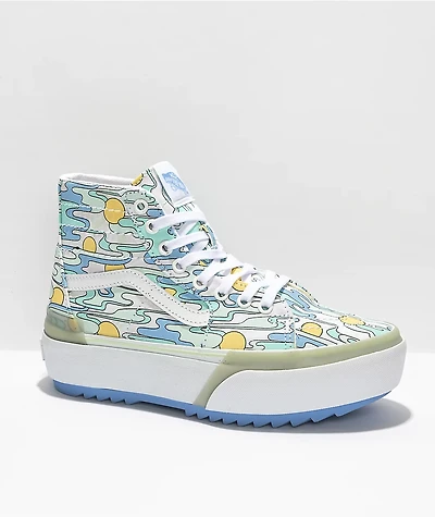 Vans Sk8-Hi Stacked Mint, Blue & Yellow Sunwaves Platform Shoes