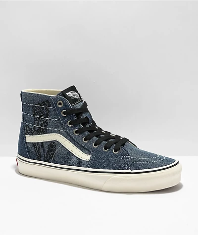 Vans Sk8-Hi Tapered Denim Embroidery Navy Blue & White Skate Shoes