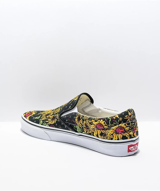 VTG Vans Mens Classic Skull Floral Tattoo Shoes Sz 11.5 Black Yellow‎ Art Skater VANS Classic Slip-On Men main image 3