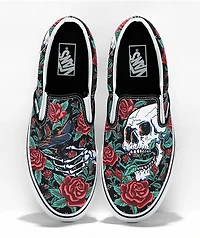 Vans Slip-On Rose Skulls Black, Red & Green Skate Shoes