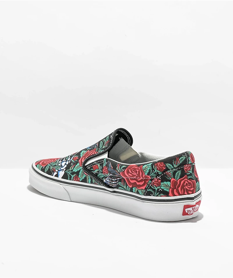 Vans Slip-On Rose Skulls Black, Red & Green Skate Shoes