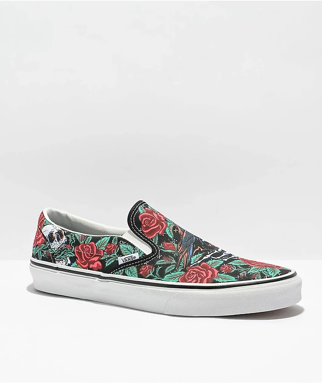Vans Slip-On Rose Skulls Black, Red Green Skate Shoes at