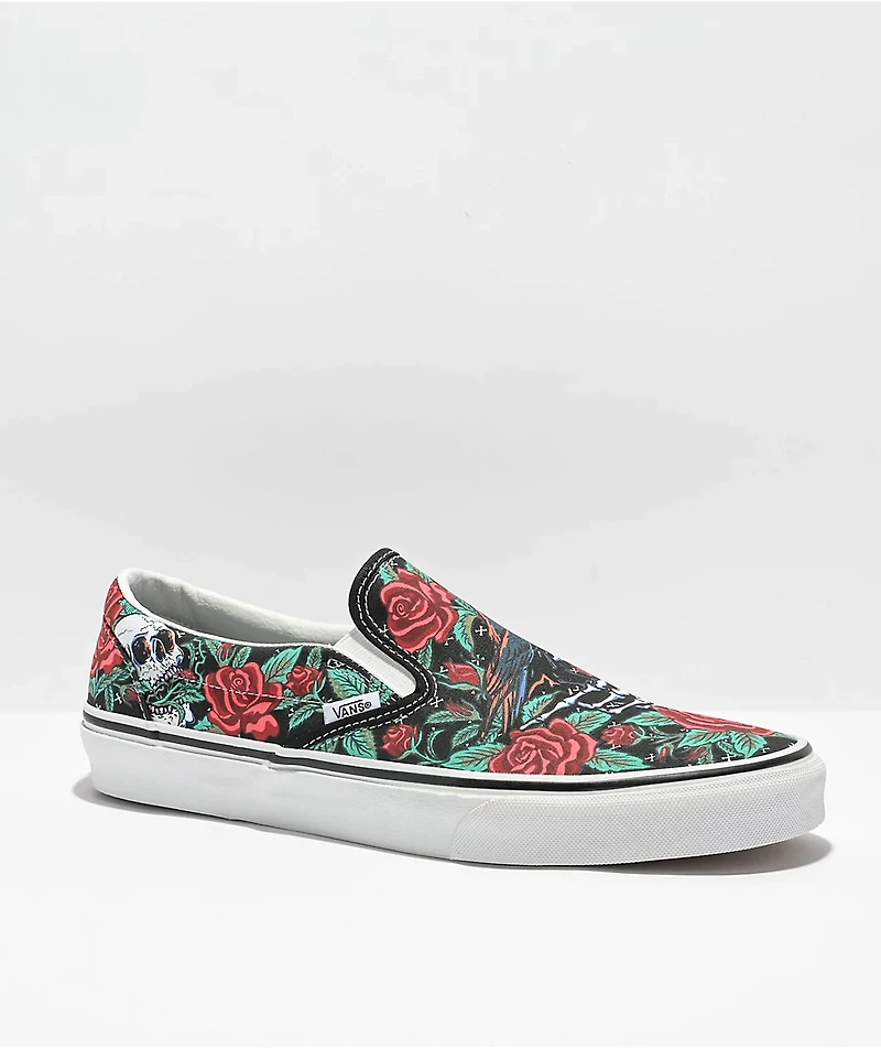 Vans Slip-On Rose Skulls Black, Red & Green Skate Shoes