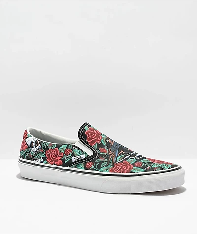Vans Slip-On Rose Skulls Black, Red & Green Skate Shoes