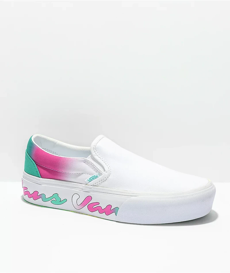 Vans Slip-On Spring Fade White, Pink & Green Platform Shoes