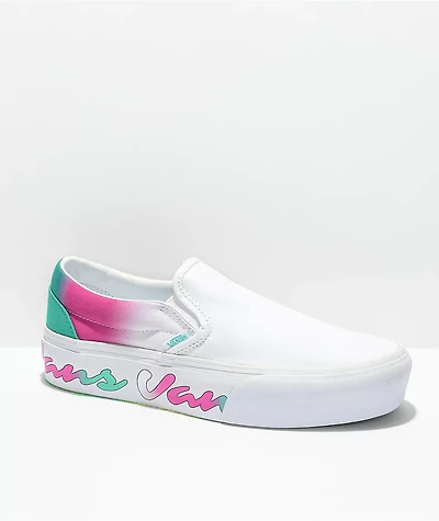 Vans Slip-On Spring Fade White, Pink & Green Platform Shoes