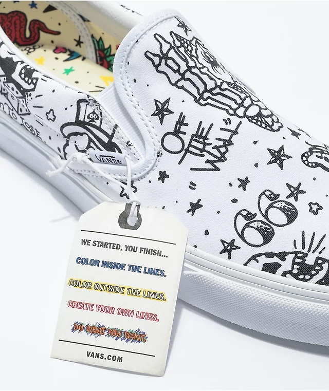 Vans Slip-On U Color Tattoo White Skate Shoes at Hamilton Place in