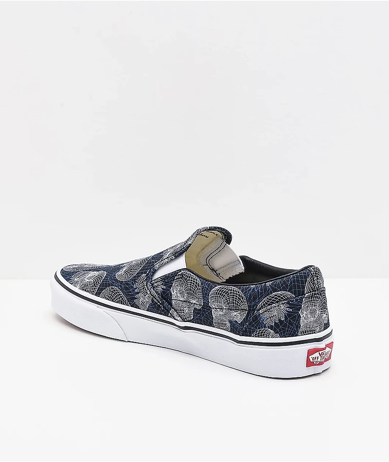 Vans Slip-On Wireframe Skulls Navy & White Skate Shoes