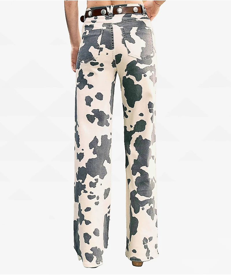 Vibrant Cow Print High Rise Wide Leg Jeans
