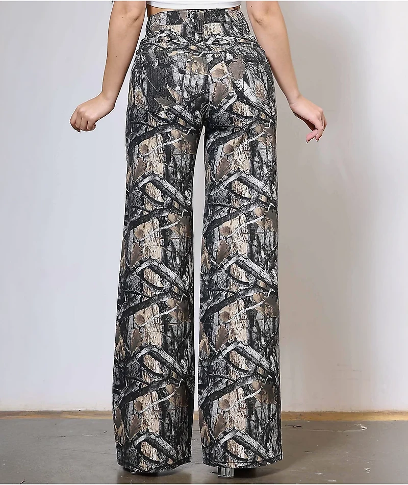 Vibrant Dark Wood Camo High Rise Wide Leg Jeans