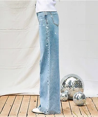 Vibrant Iridescent Rhinestone Light Stone Wash High Rise Wide Leg Jeans