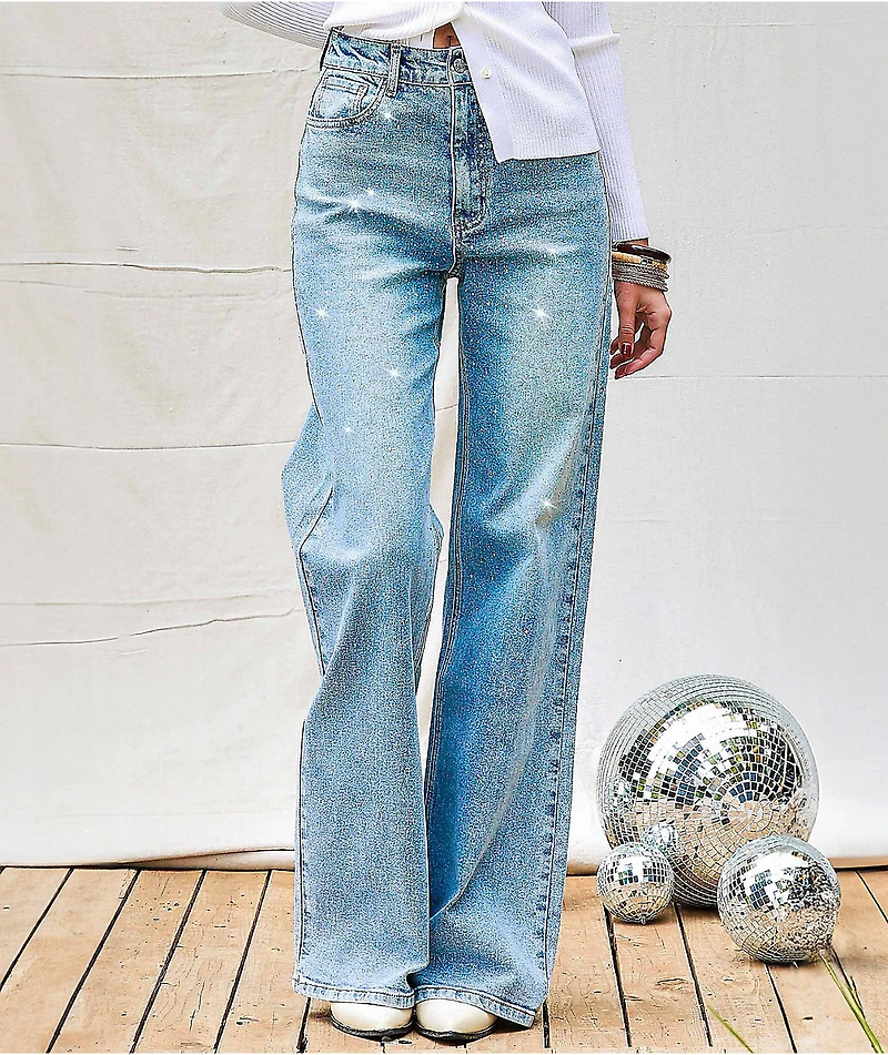 Vibrant Iridescent Rhinestone Light Stone Wash High Rise Wide Leg Jeans