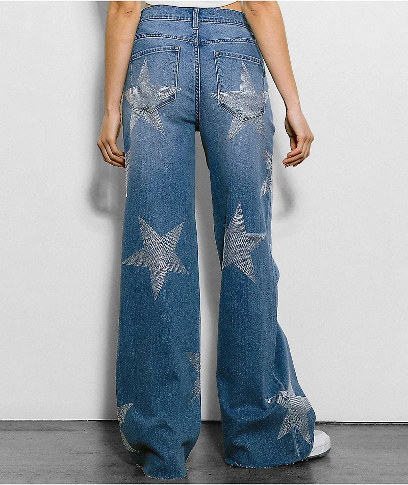 Vibrant miu Star Rhinestone Blue Wide Leg Jeans
