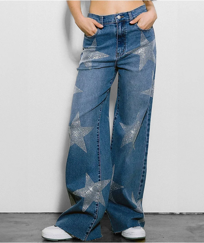Vibrant miu Star Rhinestone Blue Wide Leg Jeans
