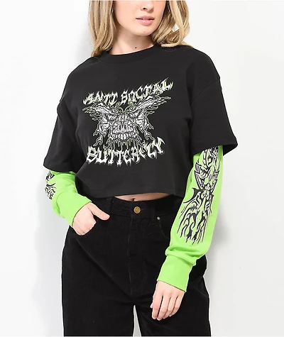 Vitriol Alexie Butterfly Green & Black 2fer Long Sleeve T-Shirt