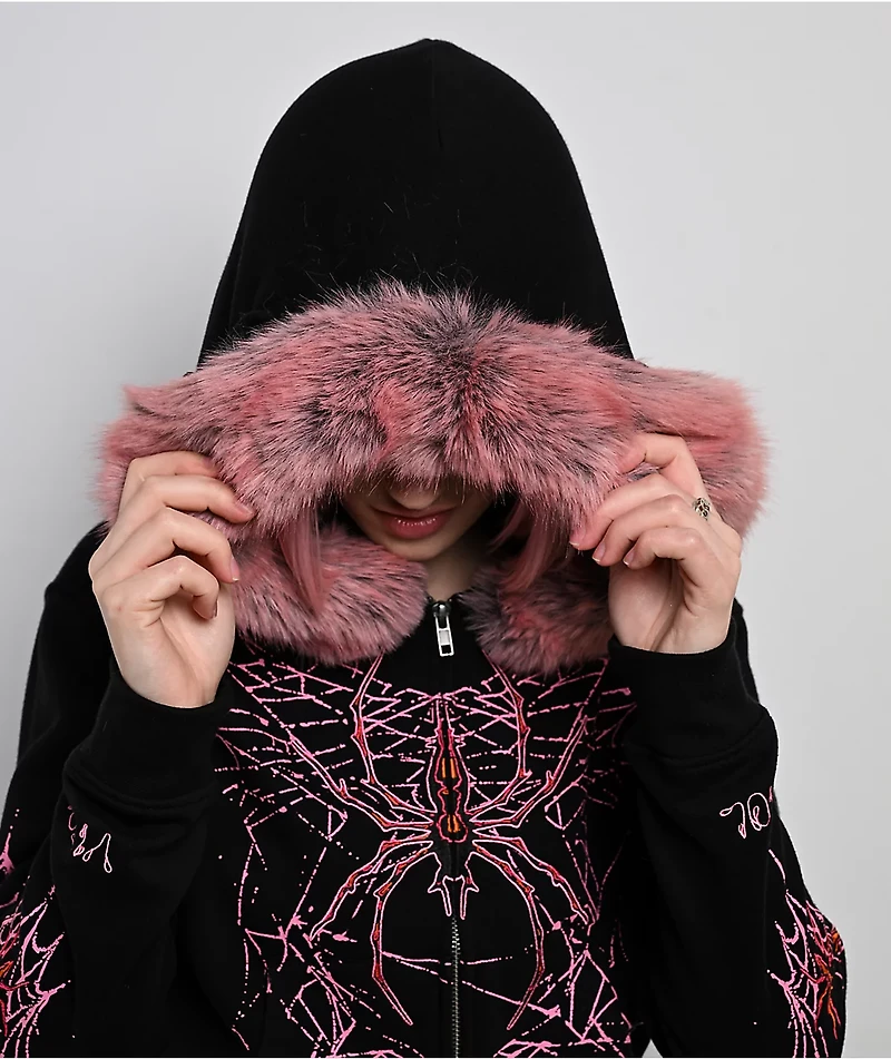 Vitriol Anya Black Faux Fur Crop Zip Hoodie