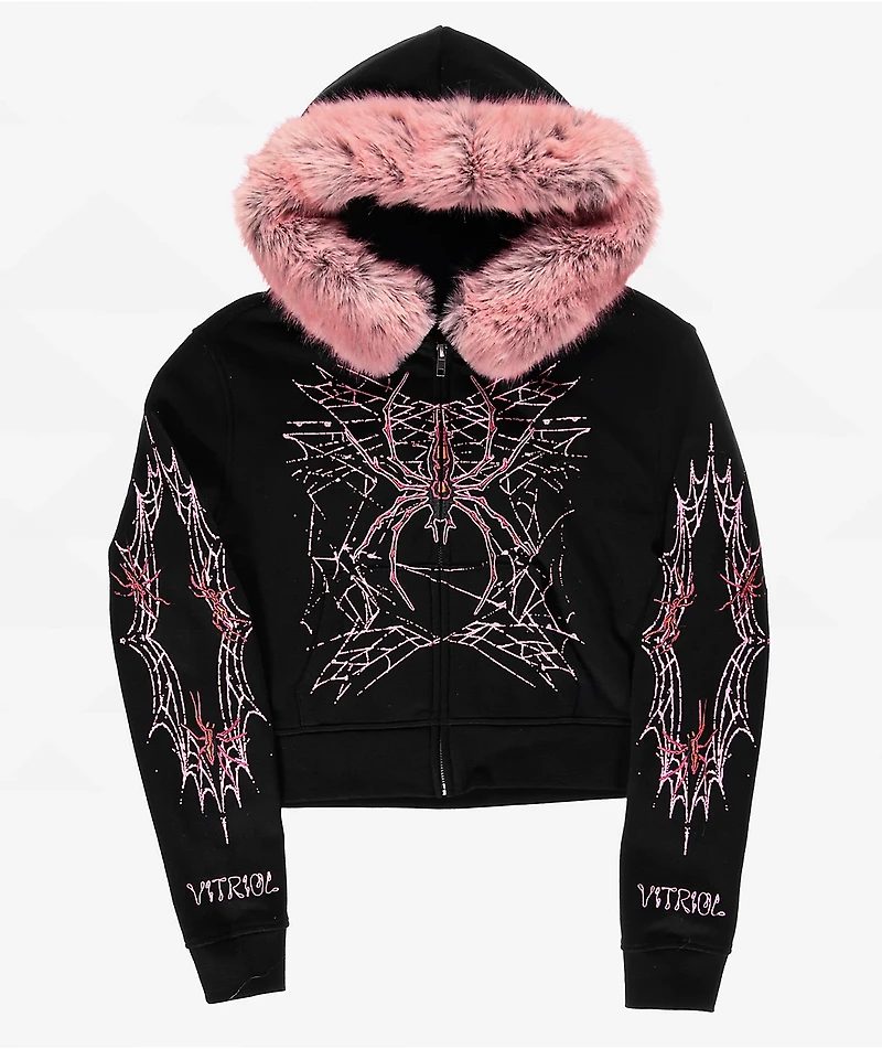 Vitriol Anya Black Faux Fur Crop Zip Hoodie