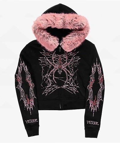 Vitriol Anya Black Faux Fur Crop Zip Hoodie