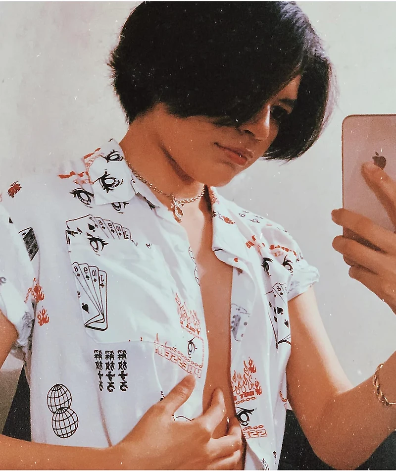 Vitriol Caedia Allover Anime Print White Short Sleeve Button Up Shirt