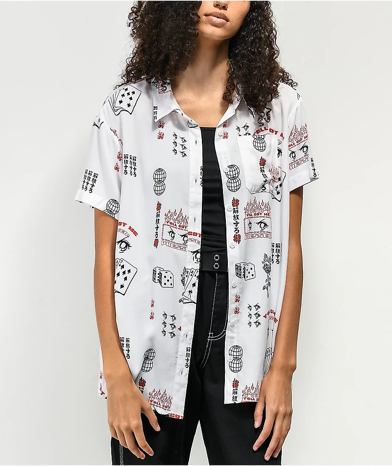 Vitriol Caedia Allover Anime Print White Short Sleeve Button Up Shirt