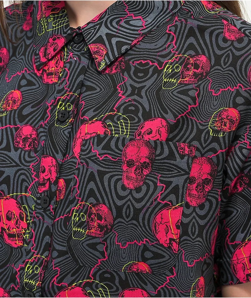 Vitriol Caedia Skull Lightning Black & Purple Short Sleeve Button Up Shirt