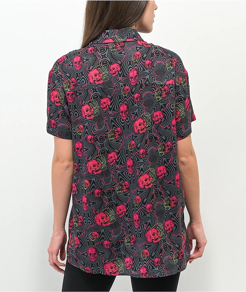 Vitriol Caedia Skull Lightning Black & Purple Short Sleeve Button Up Shirt