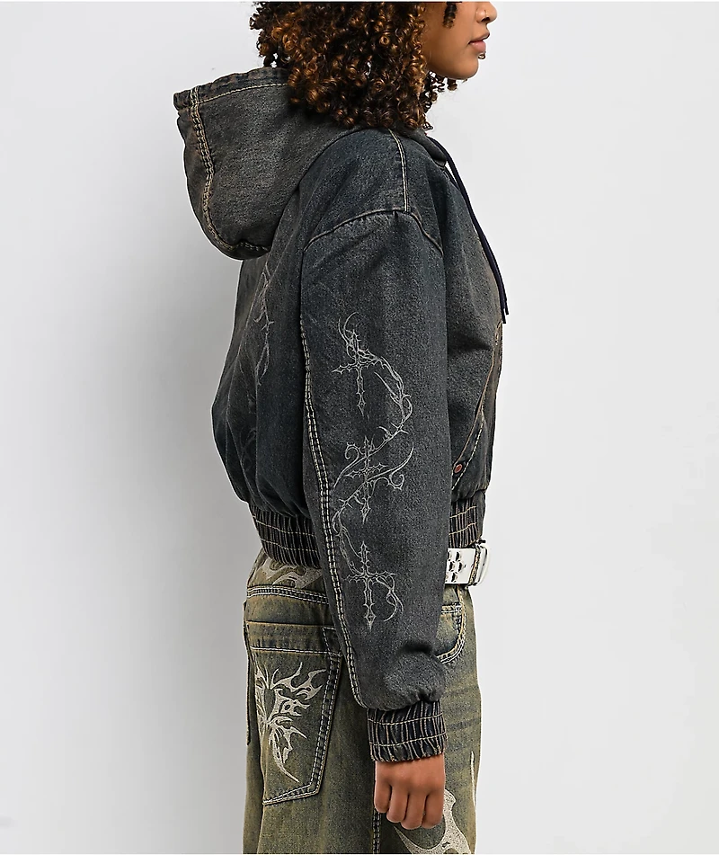 Vitriol Camden Black Wash Hooded Denim Crop Jacket