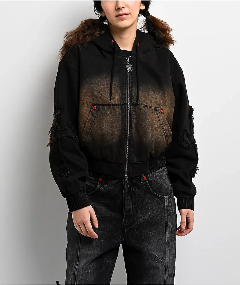 Vitriol Camden Cross Black Wash Crop Hooded Jacket