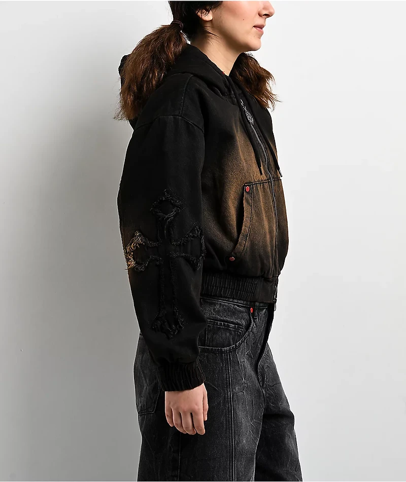 Vitriol Camden Cross Black Wash Crop Hooded Jacket
