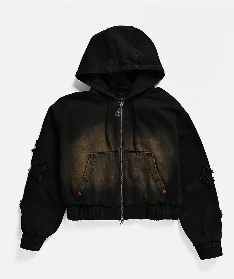 Vitriol Camden Cross Black Wash Crop Hooded Jacket
