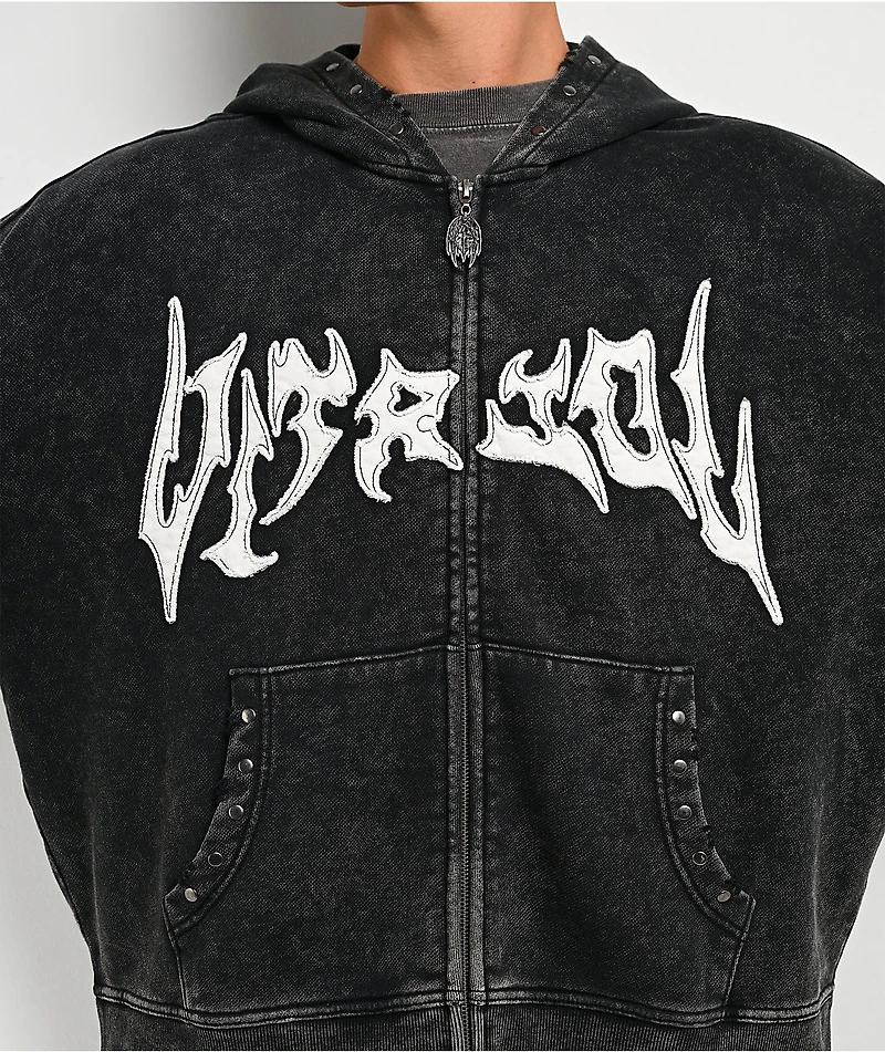 Vitriol Death Grip Studded Black Wash Crop Zip Hoodie
