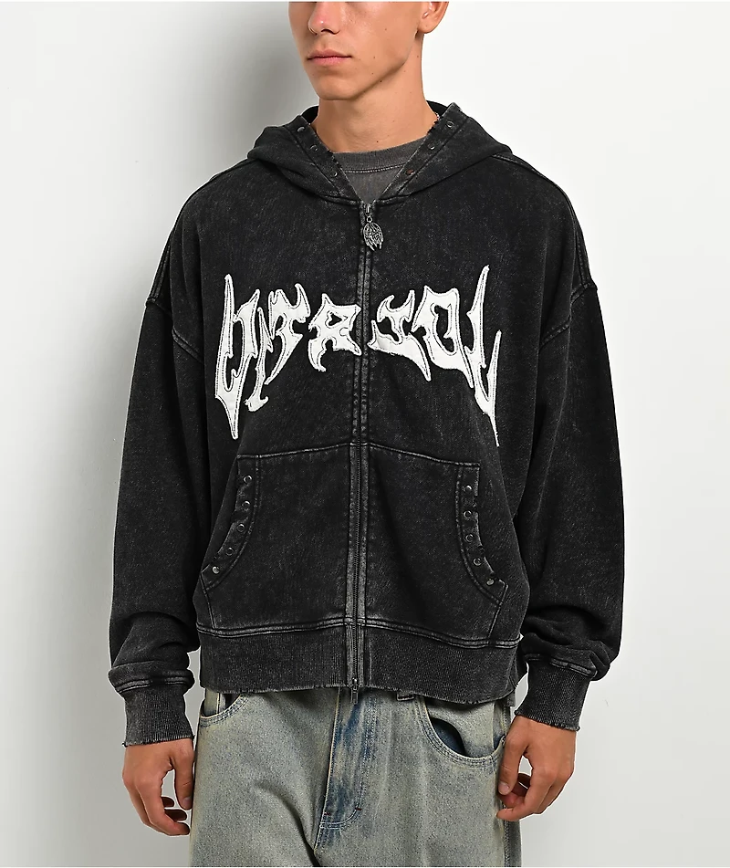 Vitriol Death Grip Studded Black Wash Crop Zip Hoodie