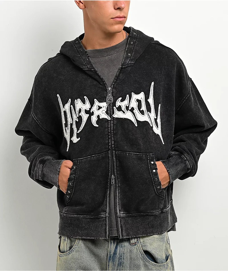 Vitriol Death Grip Studded Black Wash Crop Zip Hoodie