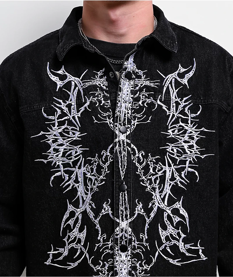 Vitriol Destroyed Denim Black Wash Long Sleeve Button Up Crop Shirt