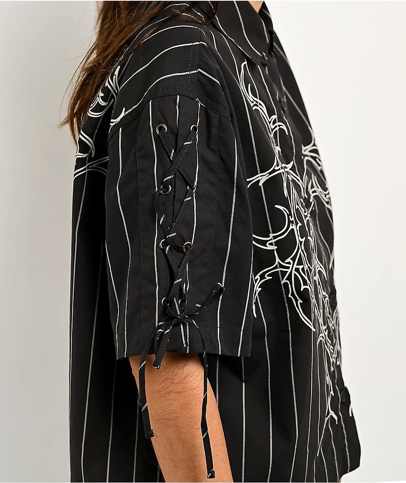 Vitriol Fallon Laced Grey Pinstripe Crop Button Up Shirt