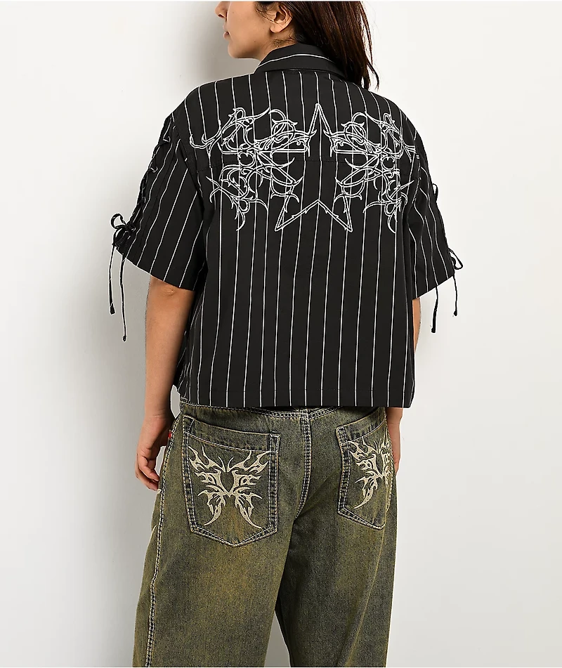 Vitriol Fallon Laced Grey Pinstripe Crop Button Up Shirt