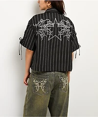 Vitriol Fallon Laced Grey Pinstripe Crop Button Up Shirt