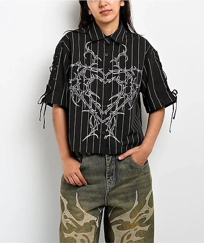 Vitriol Fallon Laced Grey Pinstripe Crop Button Up Shirt