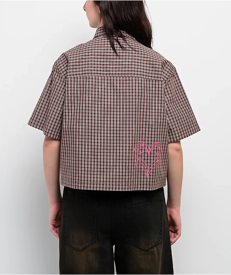 Vitriol Fallon Puce Brown Plaid Short Sleeve Button Up Crop Shirt