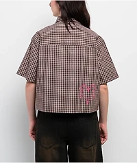 Vitriol Fallon Puce Brown Plaid Short Sleeve Button Up Crop Shirt