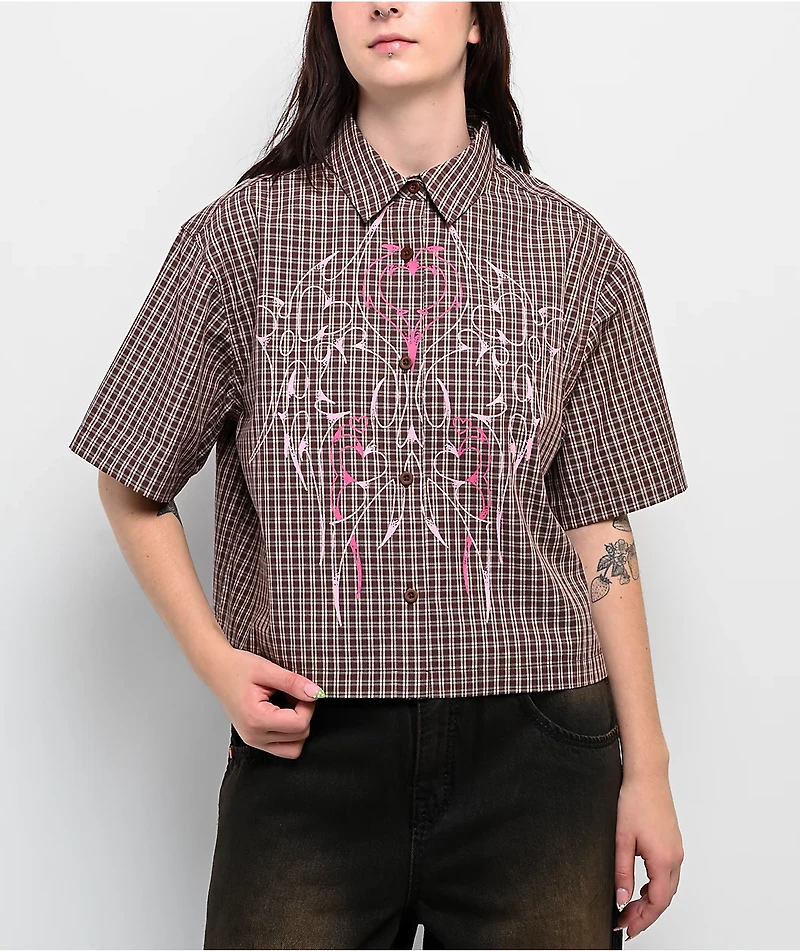 Vitriol Fallon Puce Brown Plaid Short Sleeve Button Up Shirt