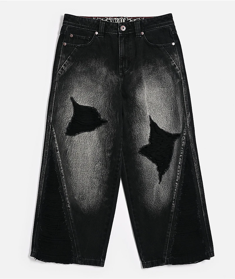 Vitriol Kids Depth Distressed Black Wash Ultra Wide Leg Jeans