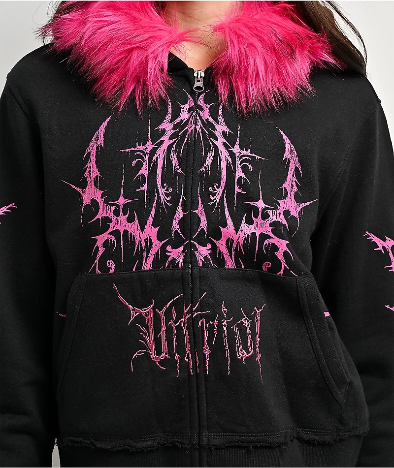 Vitriol Lilith Black Faux Fur Crop Zip Hoodie