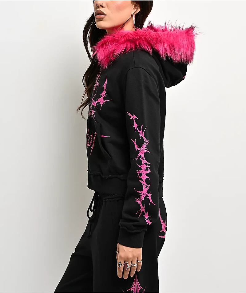 Vitriol Lilith Black Faux Fur Crop Zip Hoodie