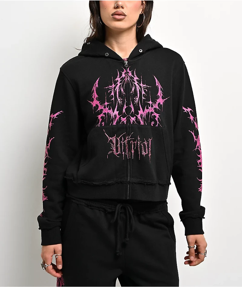 Vitriol Lilith Black Faux Fur Crop Zip Hoodie