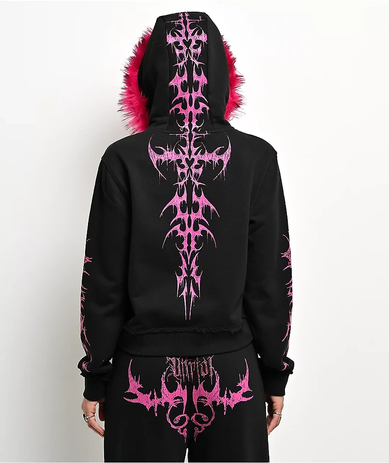 Vitriol Lilith Black Faux Fur Crop Zip Hoodie
