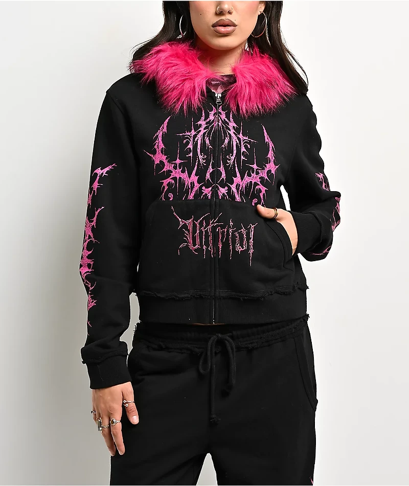 Vitriol Lilith Black Faux Fur Crop Zip Hoodie