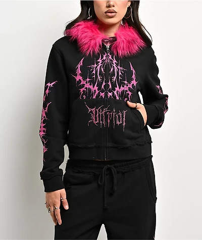 Vitriol Lilith Black Faux Fur Crop Zip Hoodie