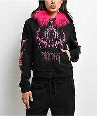 Vitriol Lilith Black Faux Fur Crop Zip Hoodie